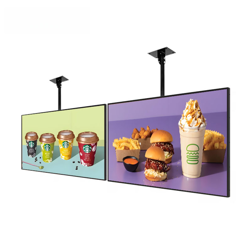 Ceiling-mounted digital menu boards displaying coffee and fast food promotions
