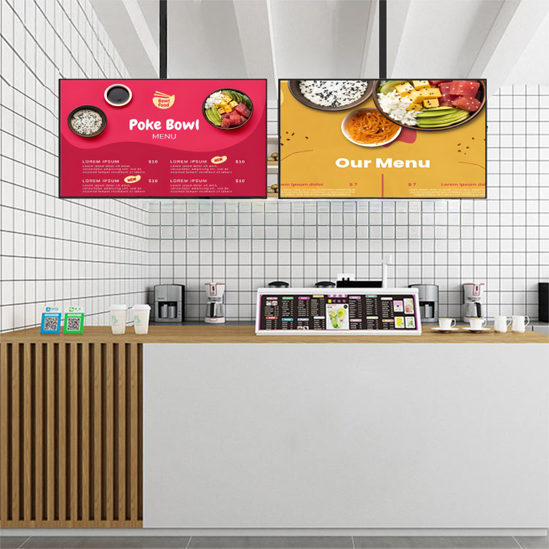 Digital menu boards displaying restaurant menus above a modern service counter