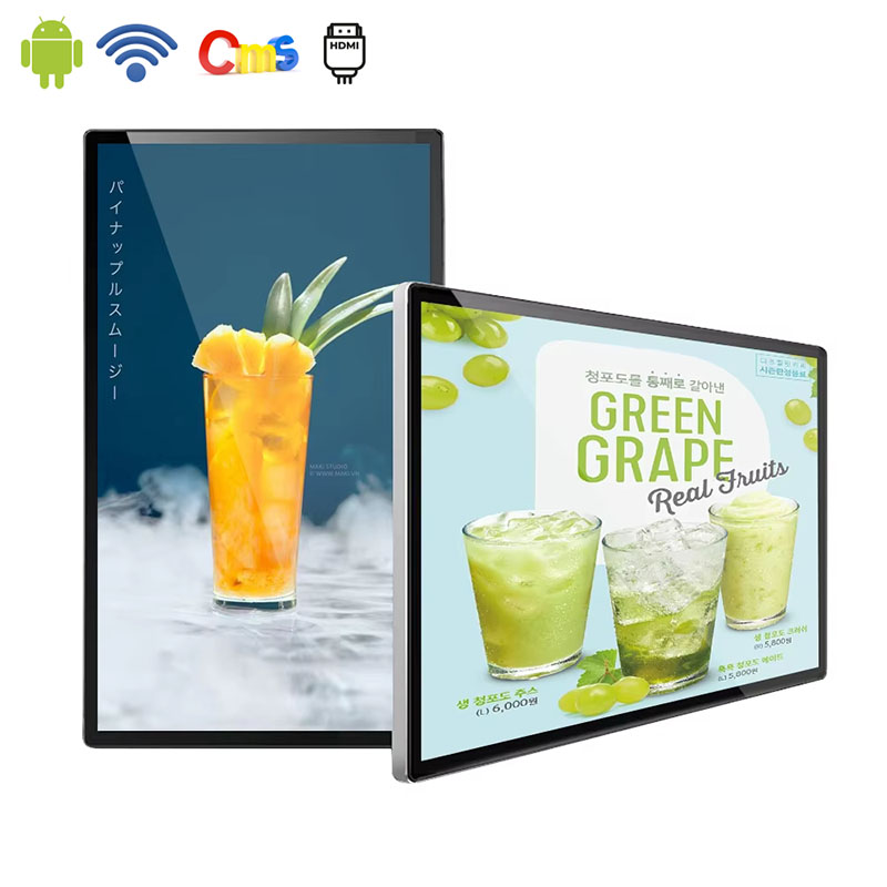 Hanging digital menu board installation above a modern restaurant counter