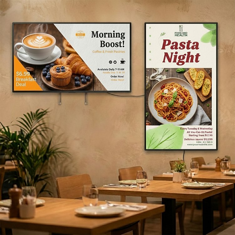 Wall mounted digital menu board in a restaurant setting